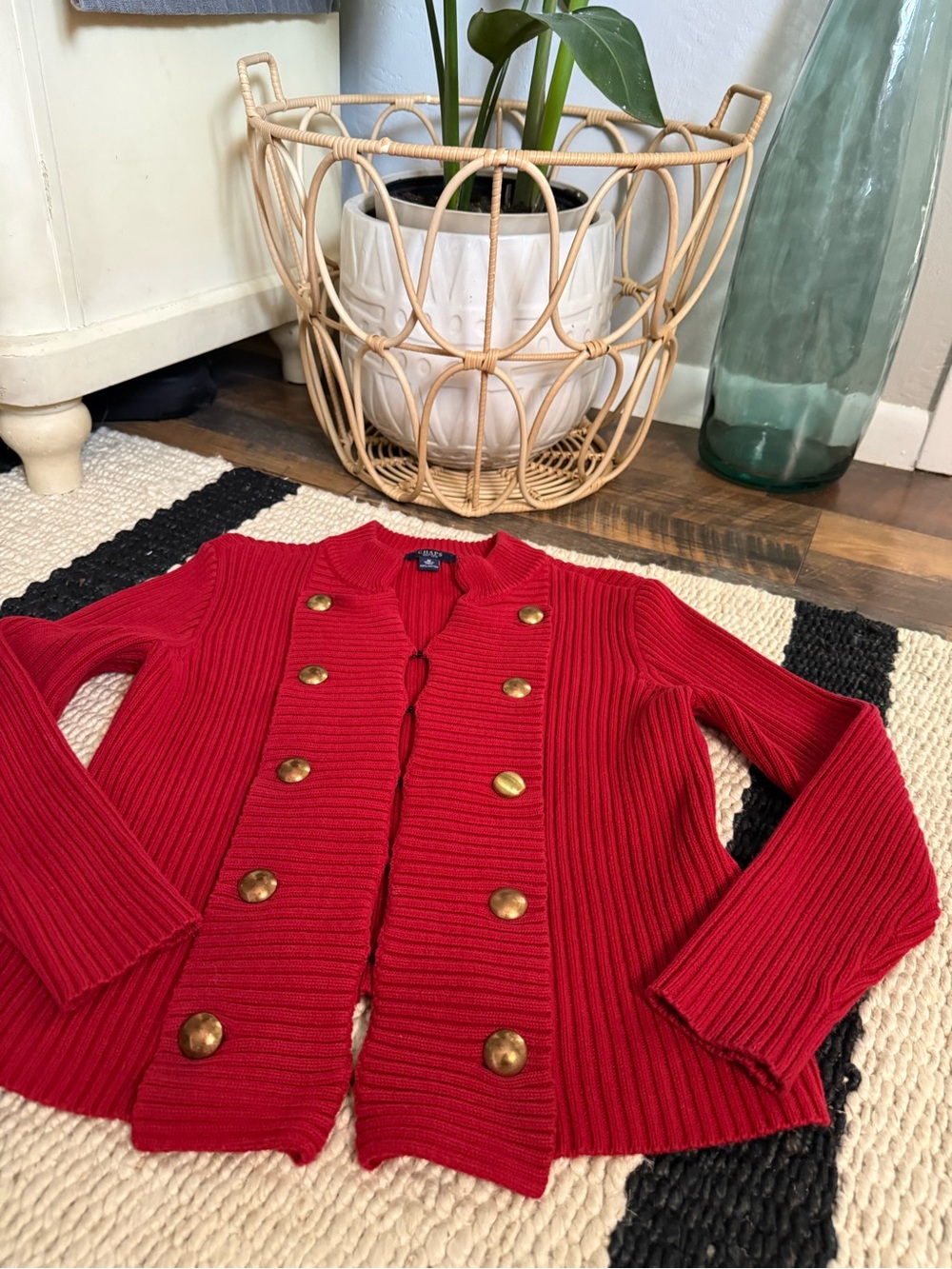CHAPS Sweater Cardigan Jacket Double Breasted Red Ribbed Detail Womens - Picture 3 of 5